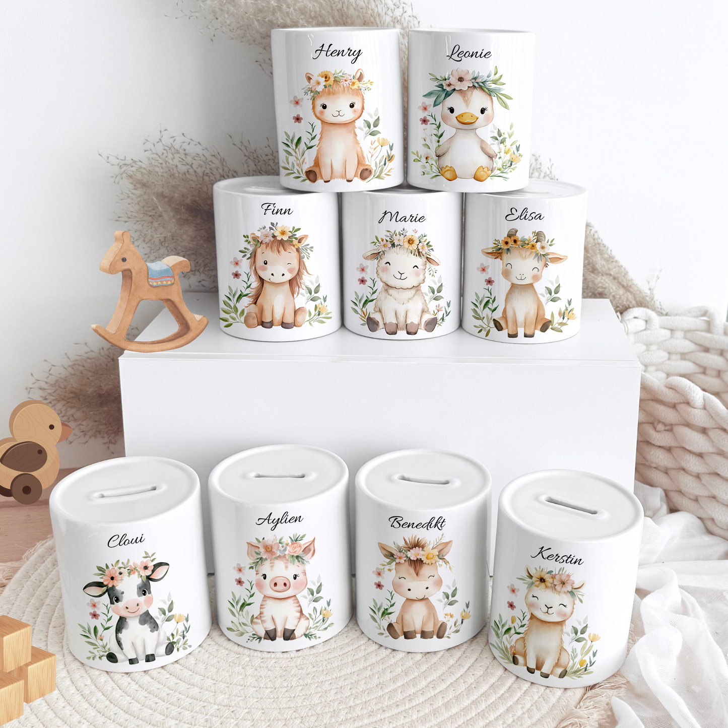 Personalisierte Spardose Kind 006 Geschenk Geburt Taufe Geburtstag Waldtiere Geldgeschenk Baby Kinder Keramik Sparbüchse