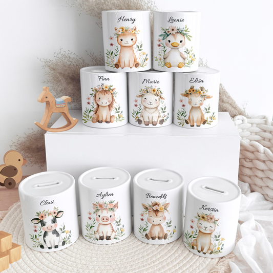 Personalisierte Spardose Kind 006 Geschenk Geburt Taufe Geburtstag Waldtiere Geldgeschenk Baby Kinder Keramik Sparbüchse
