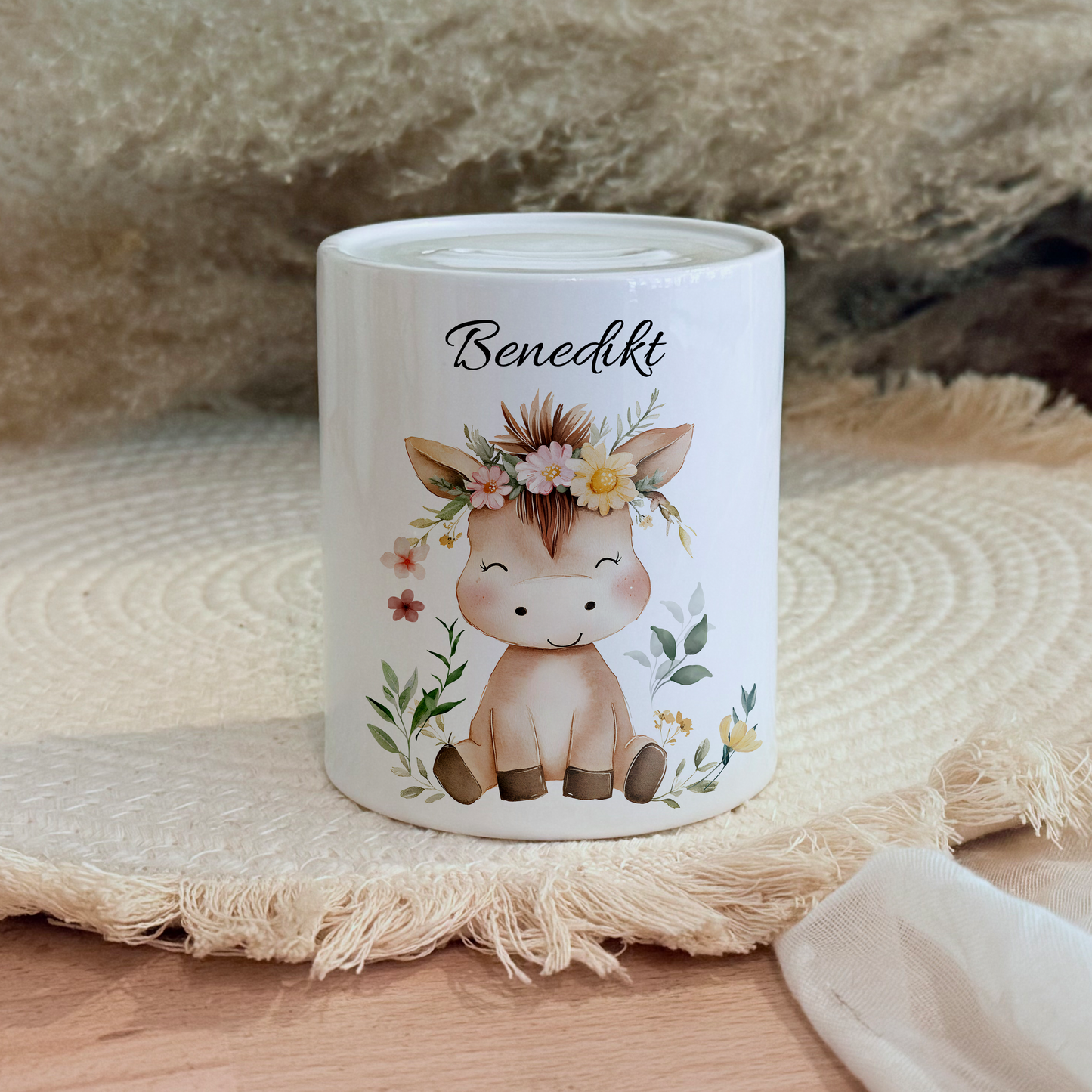 Personalisierte Spardose Kind 006 Geschenk Geburt Taufe Geburtstag Waldtiere Geldgeschenk Baby Kinder Keramik Sparbüchse
