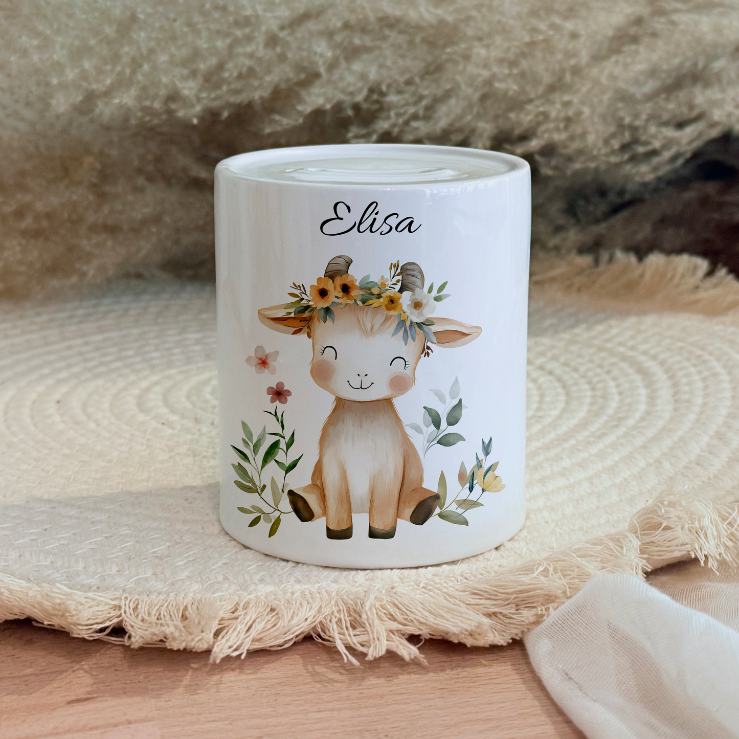 Personalisierte Spardose Kind 006 Geschenk Geburt Taufe Geburtstag Waldtiere Geldgeschenk Baby Kinder Keramik Sparbüchse