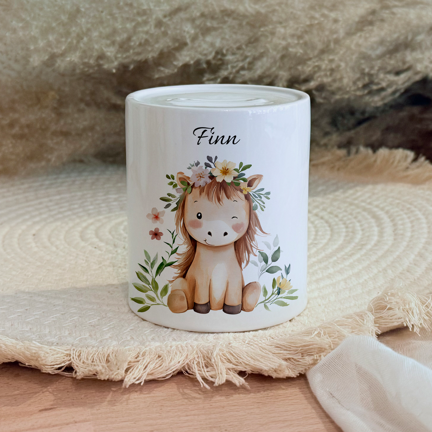 Personalisierte Spardose Kind 006 Geschenk Geburt Taufe Geburtstag Waldtiere Geldgeschenk Baby Kinder Keramik Sparbüchse