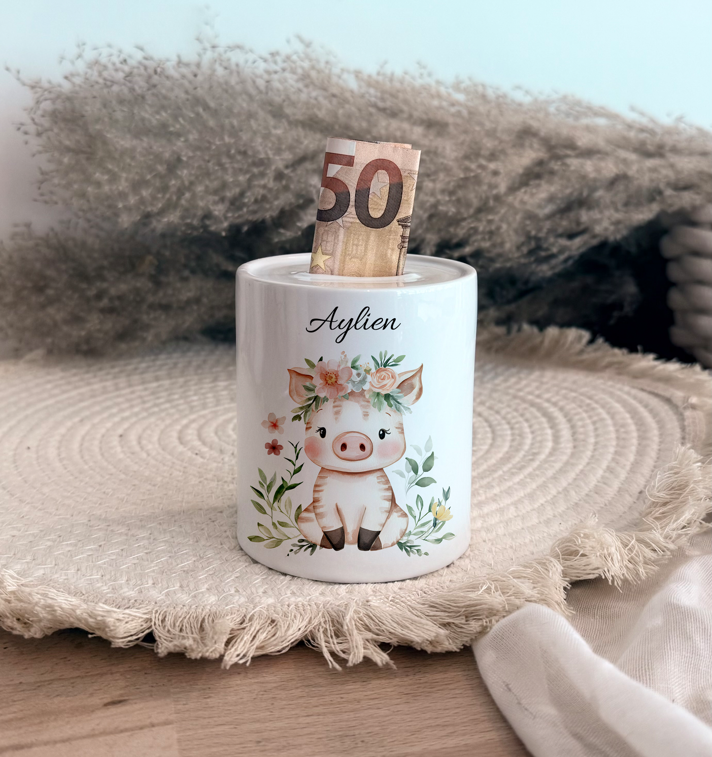 Personalisierte Spardose Kind 006 Geschenk Geburt Taufe Geburtstag Waldtiere Geldgeschenk Baby Kinder Keramik Sparbüchse