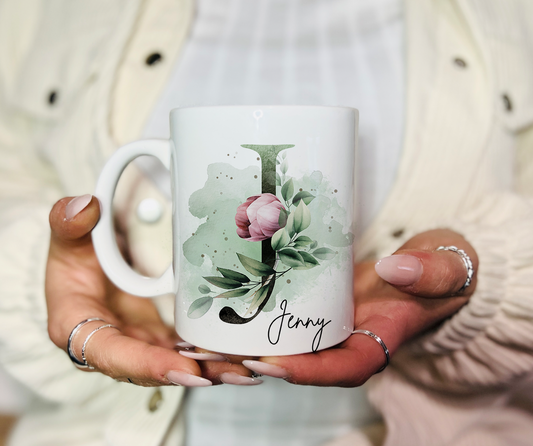 Personalisierte Tasse mit Namen, Buchstaben und Wunschtext Für Männer und Frauen Floral Grün