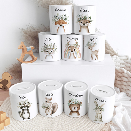 Personalisierte Spardose Kind Geschenk Geburt Taufe Geburtstag Wal Auto Waldtiere Regenbogen Geldgeschenk Baby Kinder Keramik Sparbüchse