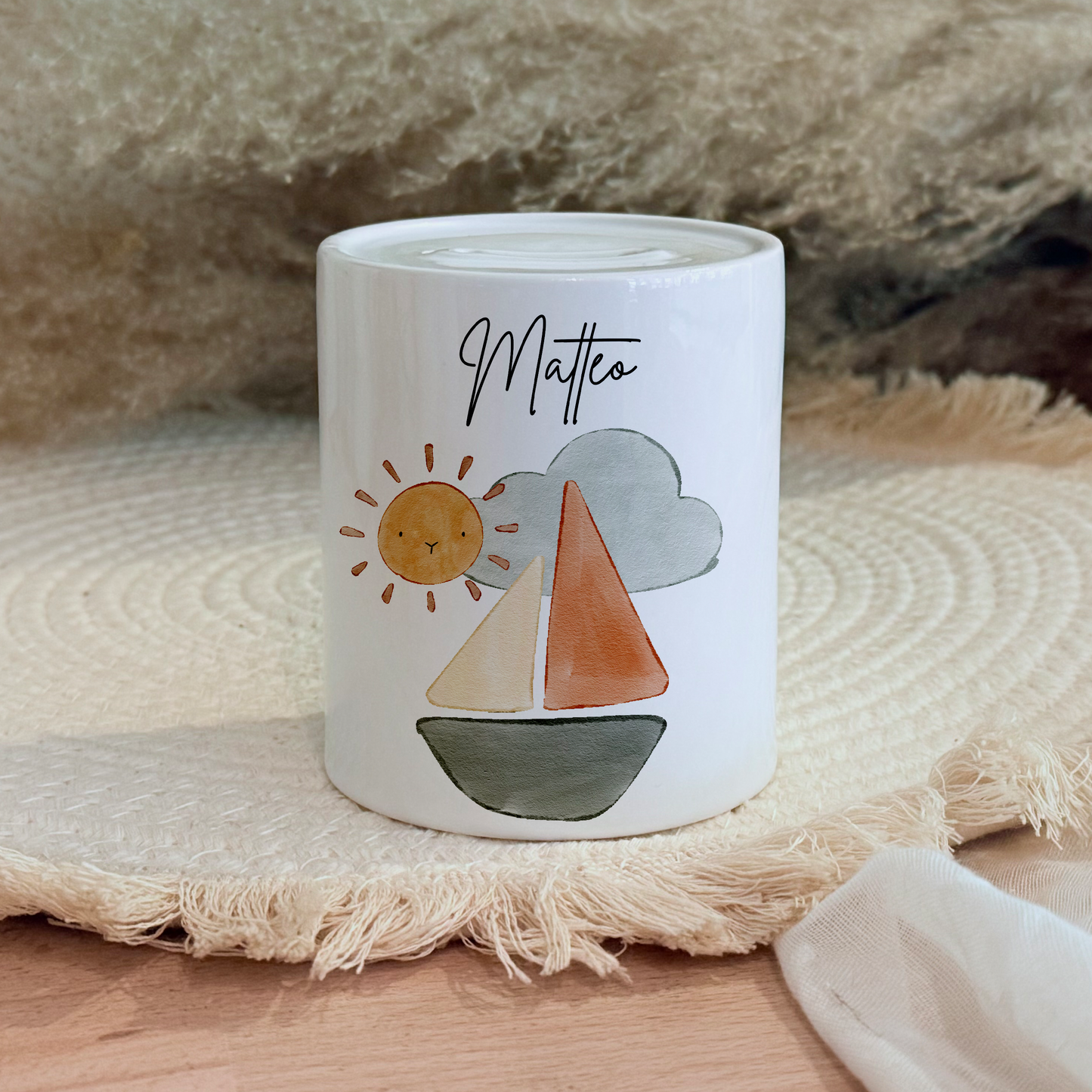 Personalisierte Spardose Kind Geschenk Geburt Taufe Geburtstag Wal Auto Waldtiere Regenbogen Geldgeschenk Baby Kinder Keramik Sparbüchse