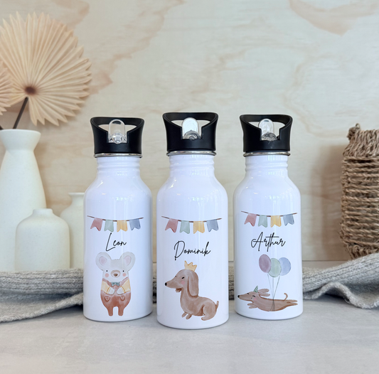 Personalisierte Kinder-Trinkflasche 500 ml | Edelstahl, Süße Tiere & Name | Geschenk zur Geburt, Taufe Geburtstag