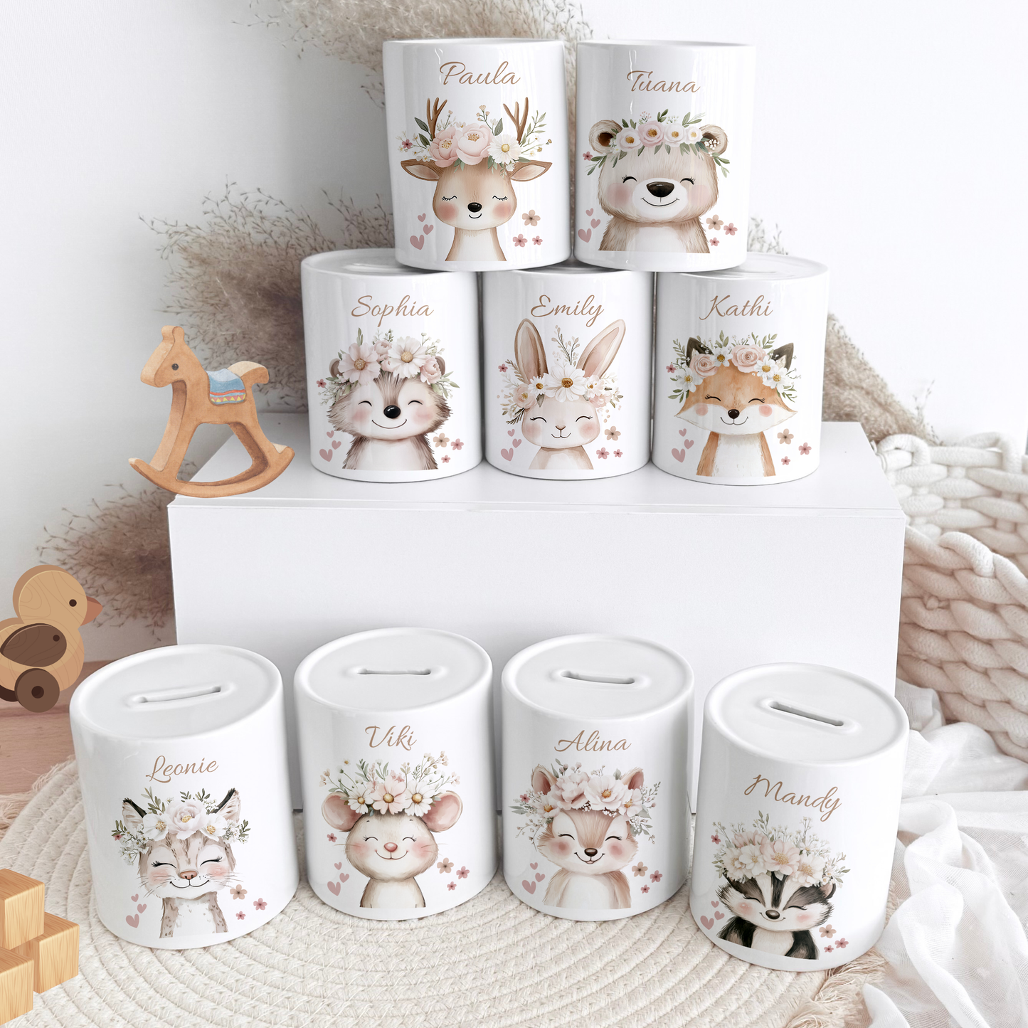 Personalisierte Spardose Kind 003 Geschenk Geburt Taufe Geburtstag Waldtiere Geldgeschenk Baby Kinder Keramik Sparbüchse