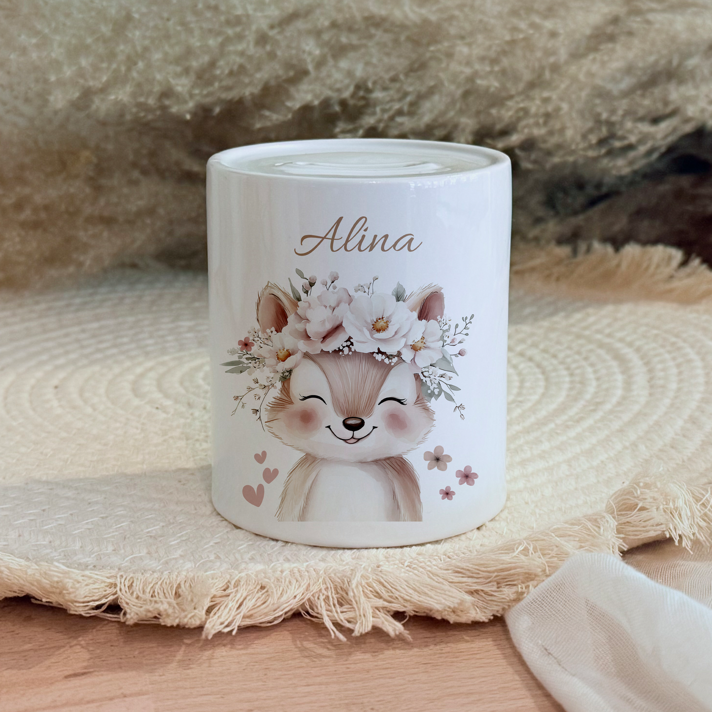 Personalisierte Spardose Kind 003 Geschenk Geburt Taufe Geburtstag Waldtiere Geldgeschenk Baby Kinder Keramik Sparbüchse