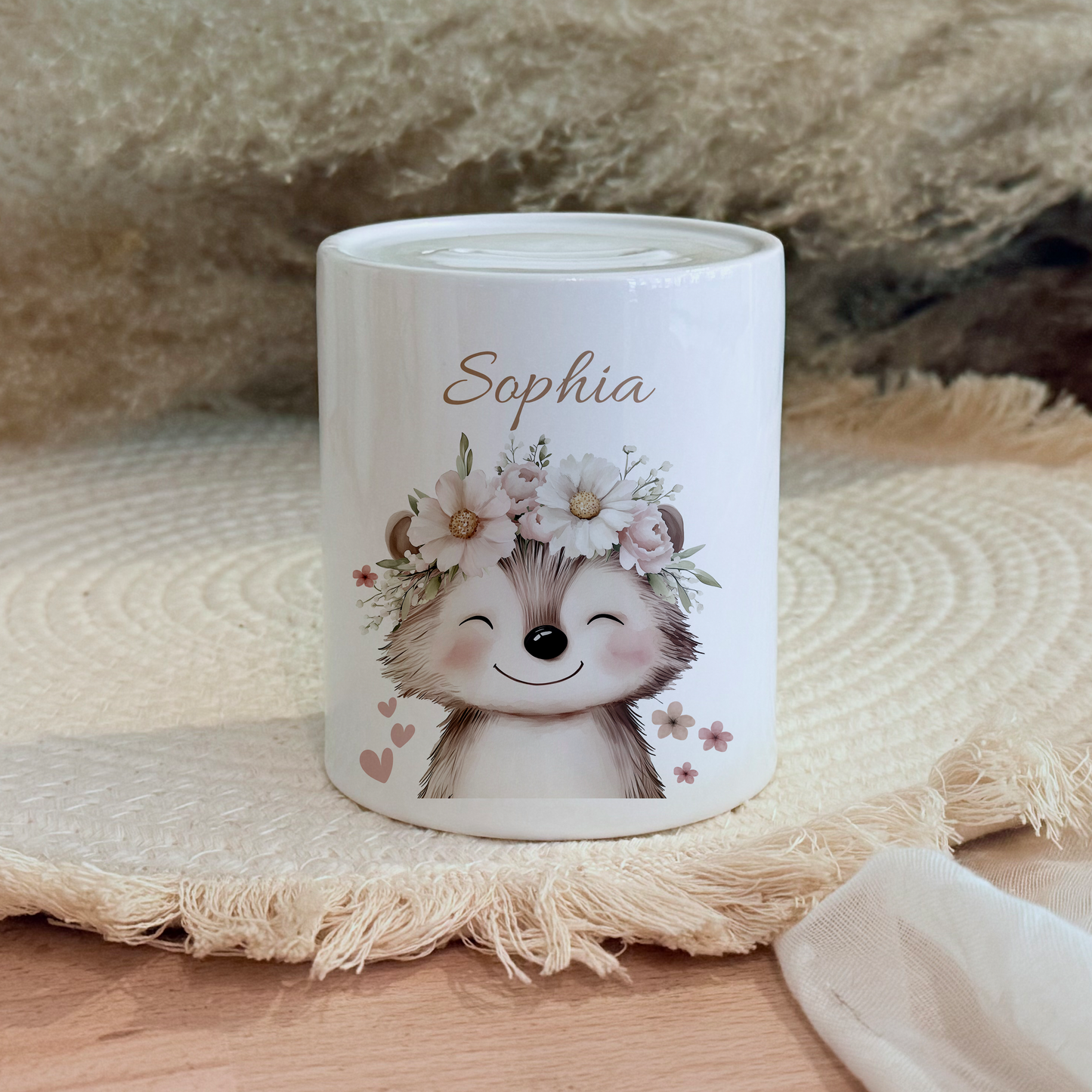 Personalisierte Spardose Kind 003 Geschenk Geburt Taufe Geburtstag Waldtiere Geldgeschenk Baby Kinder Keramik Sparbüchse