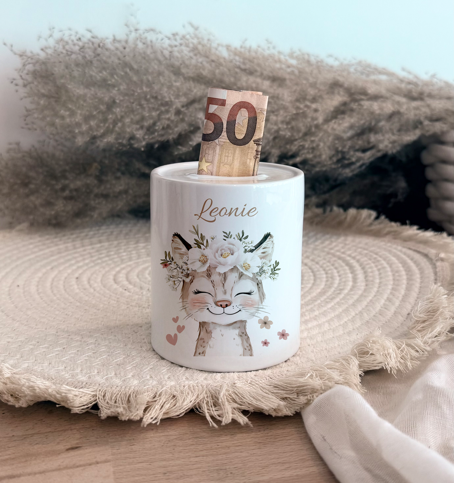 Personalisierte Spardose Kind 003 Geschenk Geburt Taufe Geburtstag Waldtiere Geldgeschenk Baby Kinder Keramik Sparbüchse