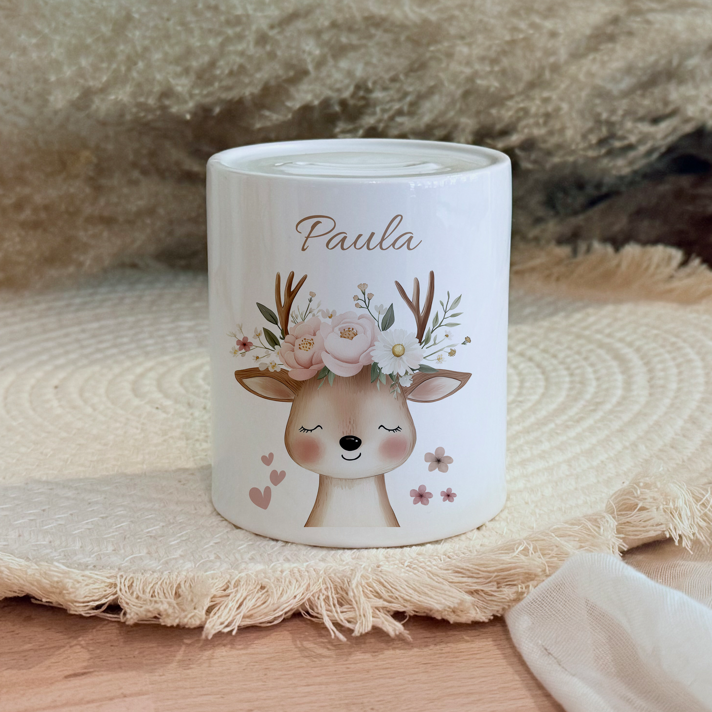 Personalisierte Spardose Kind 003 Geschenk Geburt Taufe Geburtstag Waldtiere Geldgeschenk Baby Kinder Keramik Sparbüchse