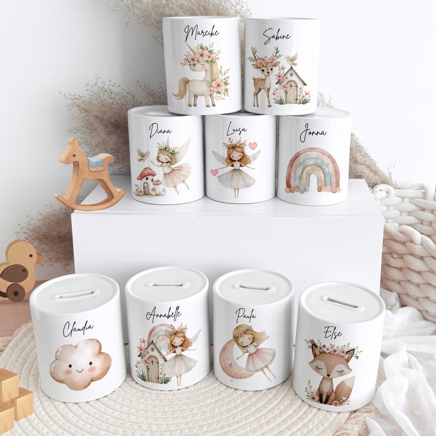 Personalisierte Spardose Kind Geschenk Geburt Taufe Geburtstag Märchenwelt Geldgeschenk Baby Kinder Keramik Sparbüchse Mädchen Fee Märchen