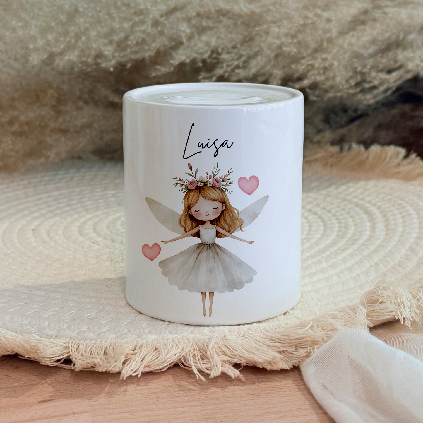 Personalisierte Spardose Kind Geschenk Geburt Taufe Geburtstag Märchenwelt Geldgeschenk Baby Kinder Keramik Sparbüchse Mädchen Fee Märchen