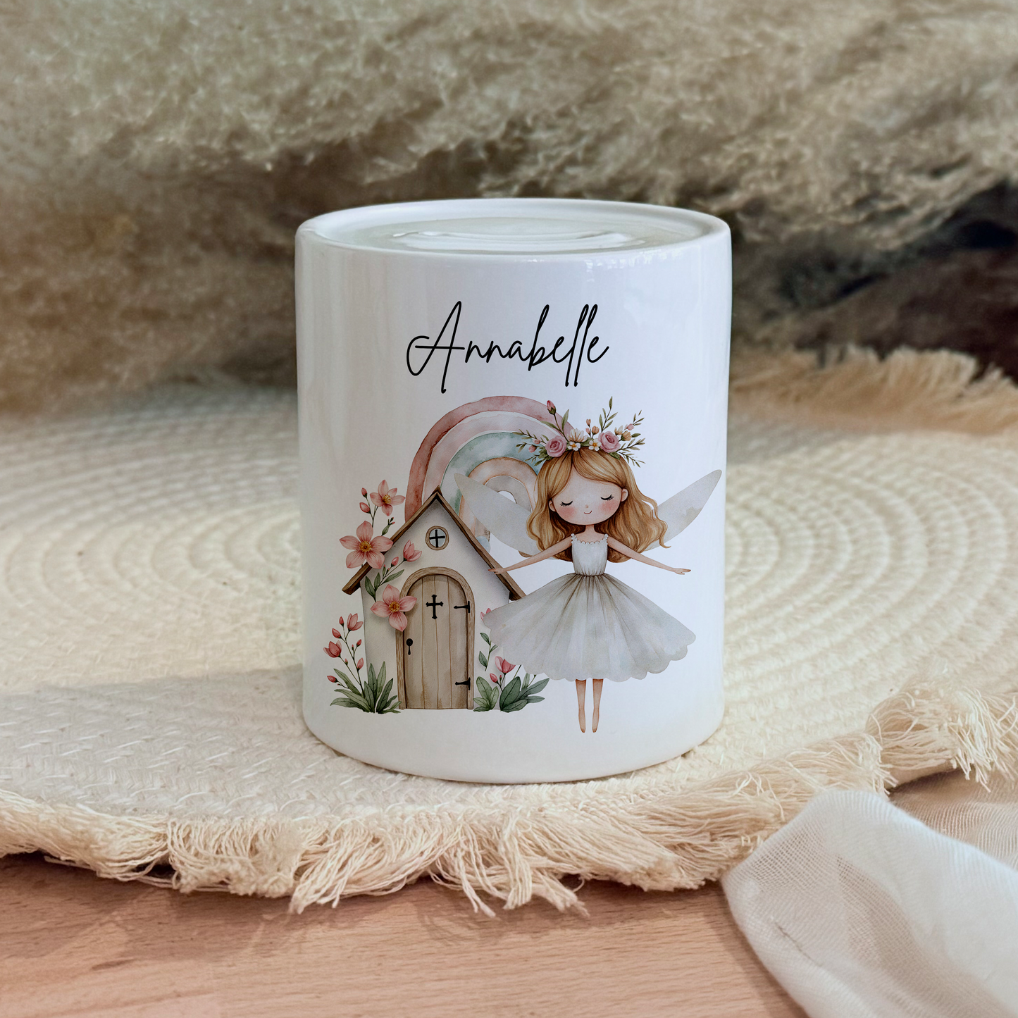 Personalisierte Spardose Kind Geschenk Geburt Taufe Geburtstag Märchenwelt Geldgeschenk Baby Kinder Keramik Sparbüchse Mädchen Fee Märchen