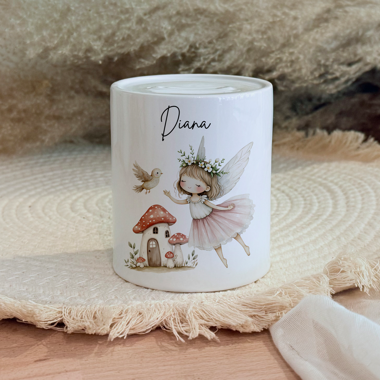 Personalisierte Spardose Kind Geschenk Geburt Taufe Geburtstag Märchenwelt Geldgeschenk Baby Kinder Keramik Sparbüchse Mädchen Fee Märchen