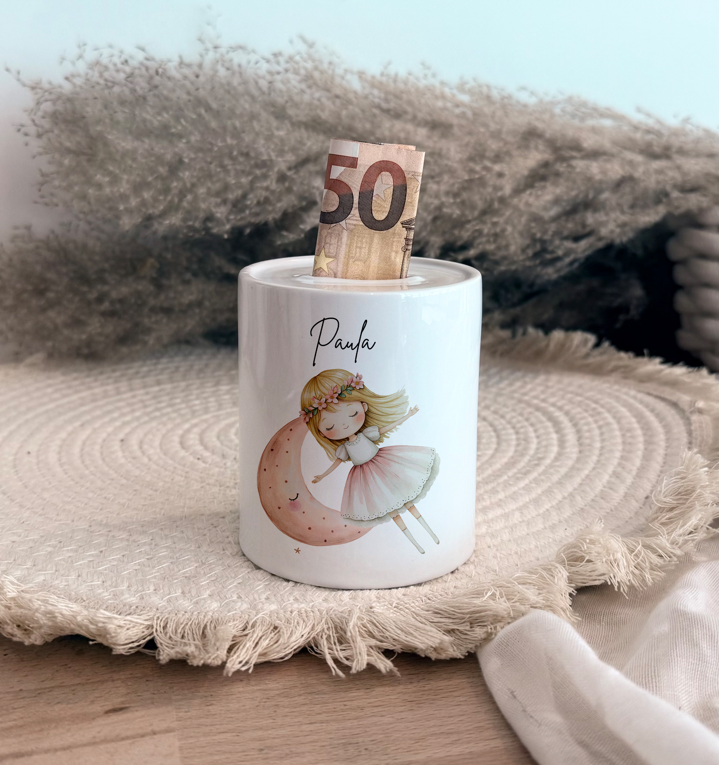 Personalisierte Spardose Kind Geschenk Geburt Taufe Geburtstag Märchenwelt Geldgeschenk Baby Kinder Keramik Sparbüchse Mädchen Fee Märchen