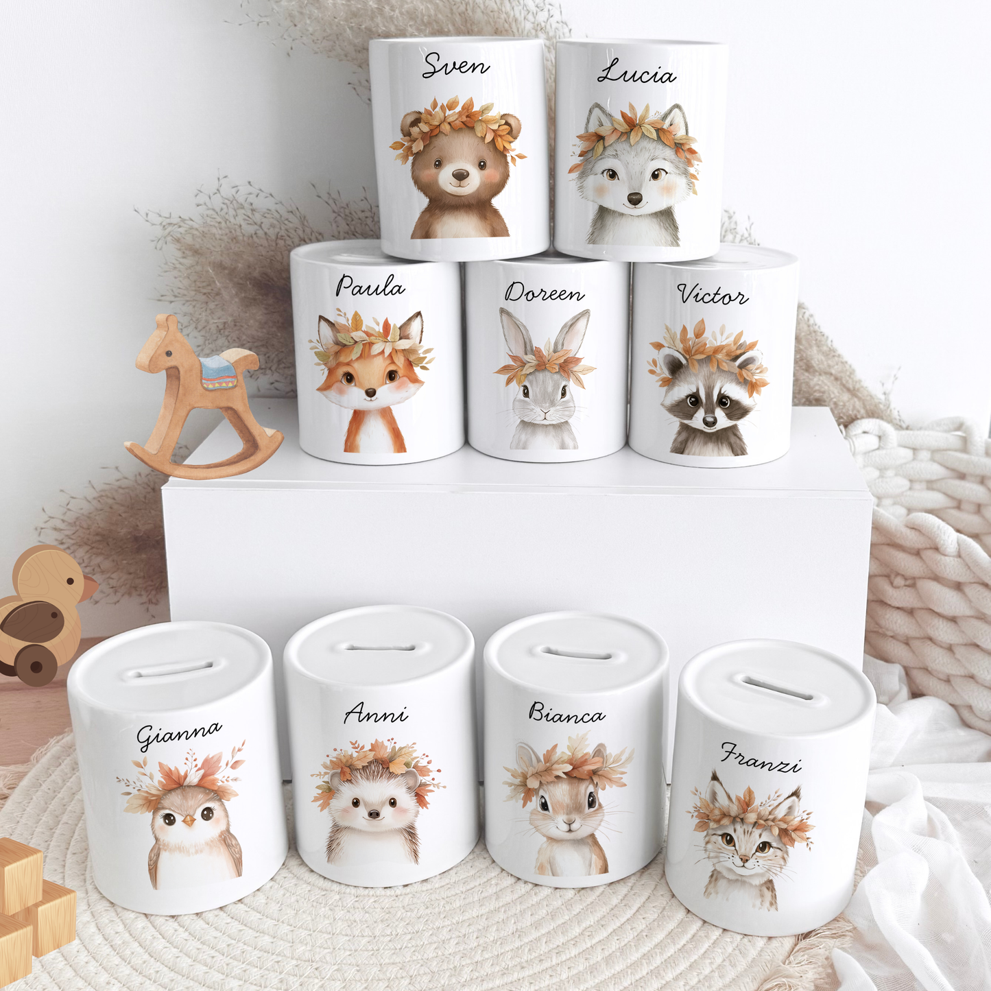 Personalisierte Spardose Kind Geschenk Geburt Taufe Geburtstag Wal Auto Waldtiere Regenbogen Geldgeschenk Baby Kinder Keramik Sparbüchse