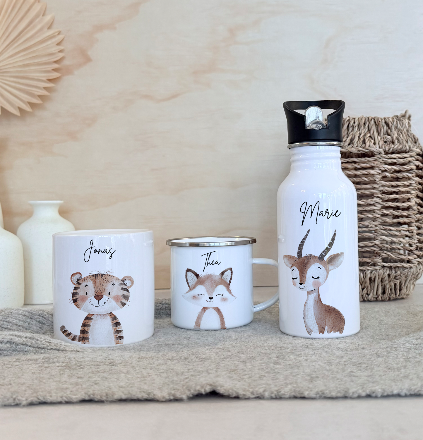 Personalisierte Kinder-Trinkflasche 500 ml | Edelstahl, Waldtier-Motive & Name | Geschenk zur Geburt, Taufe Geburtstag