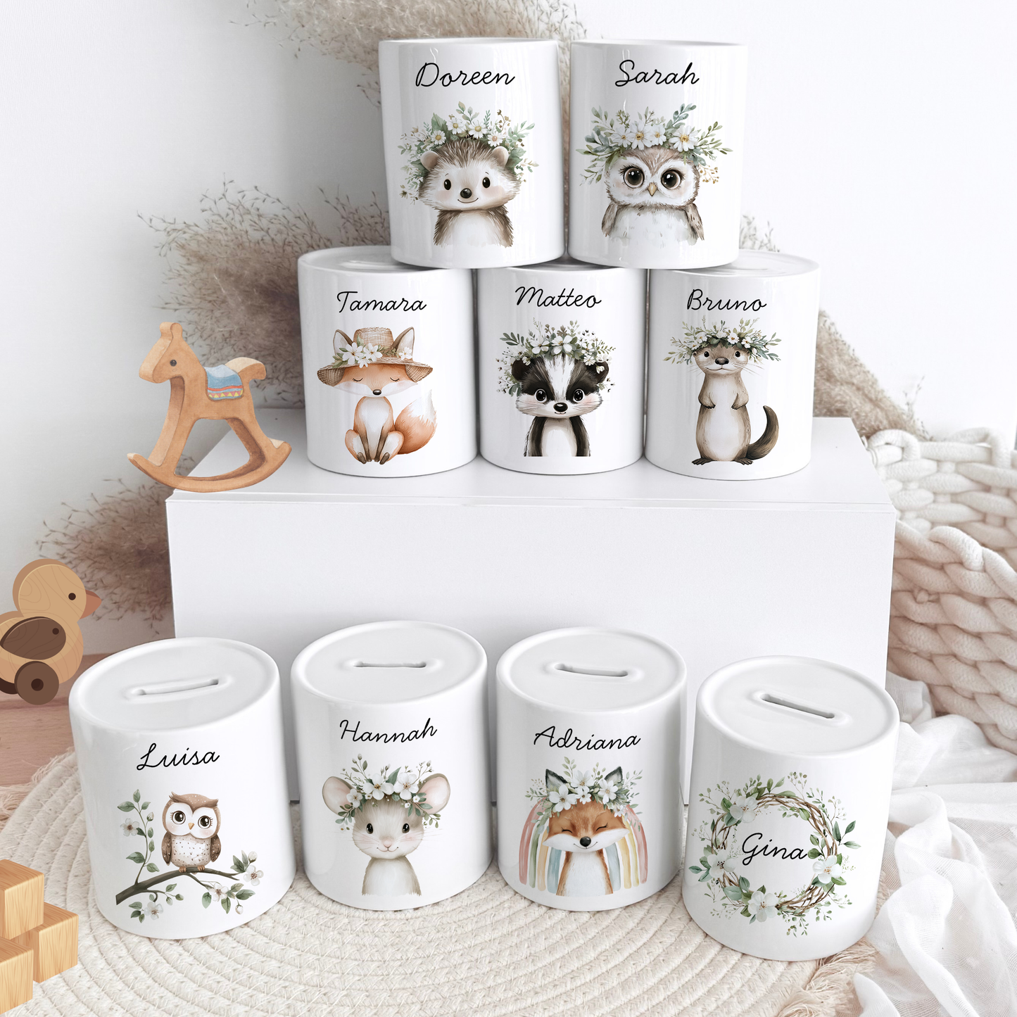 Personalisierte Spardose Kind Geschenk Geburt Taufe Geburtstag Wal Auto Waldtiere Regenbogen Geldgeschenk Baby Kinder Keramik Sparbüchse