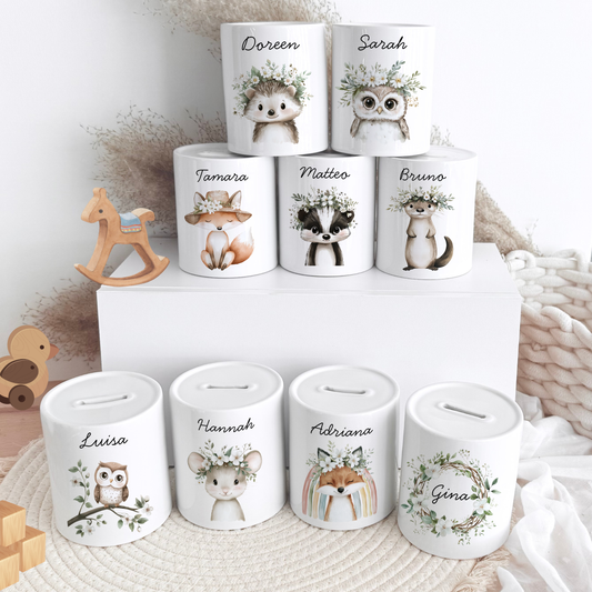 Personalisierte Spardose Kind Geschenk Geburt Taufe Geburtstag Wal Auto Waldtiere Regenbogen Geldgeschenk Baby Kinder Keramik Sparbüchse