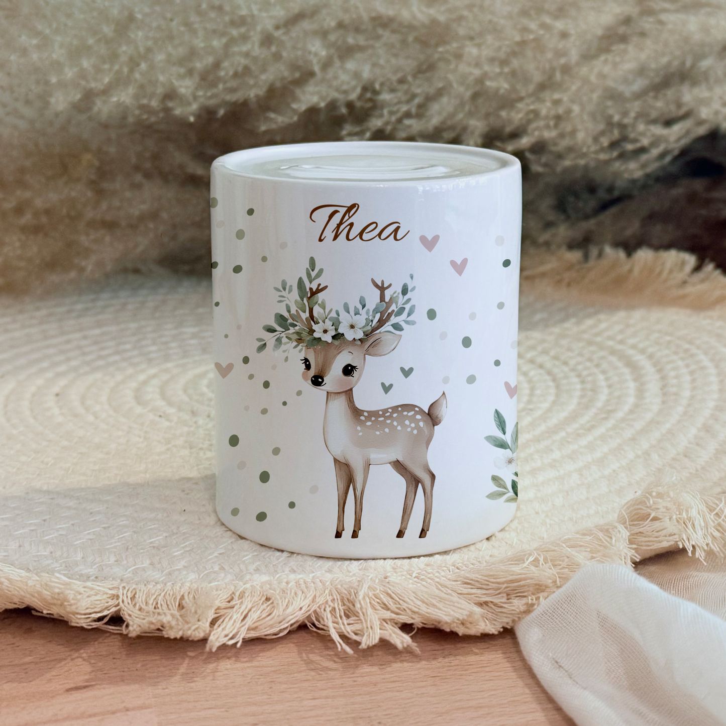 Personalisierte Spardose Kind Geschenk Geburt Taufe Geburtstag Waldtiere Geldgeschenk Baby Kinder Keramik Sparbüchse