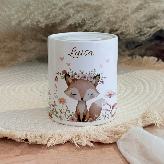 Personalisierte Spardose Kind Geschenk Geburt Taufe Geburtstag Waldtiere Geldgeschenk Baby Kinder Keramik Sparbüchse