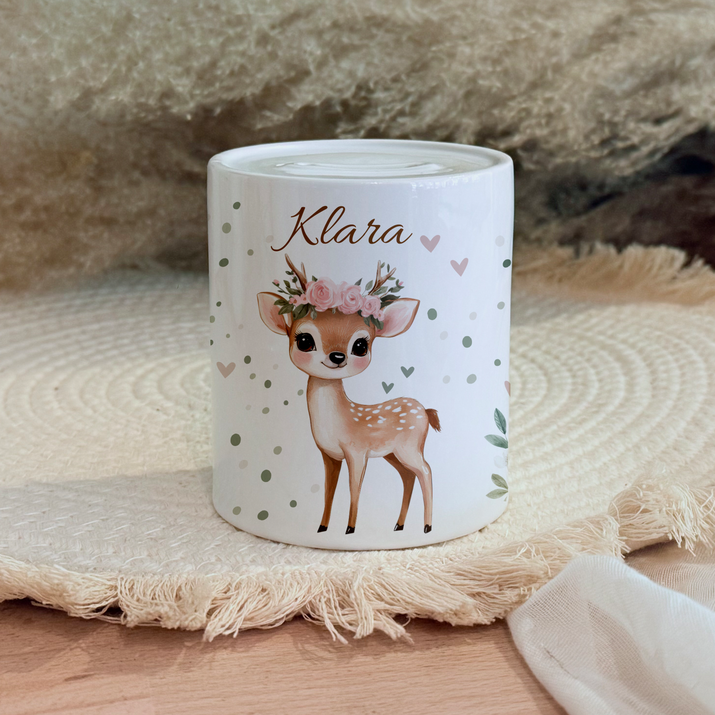 Personalisierte Spardose Kind Geschenk Geburt Taufe Geburtstag Waldtiere Geldgeschenk Baby Kinder Keramik Sparbüchse