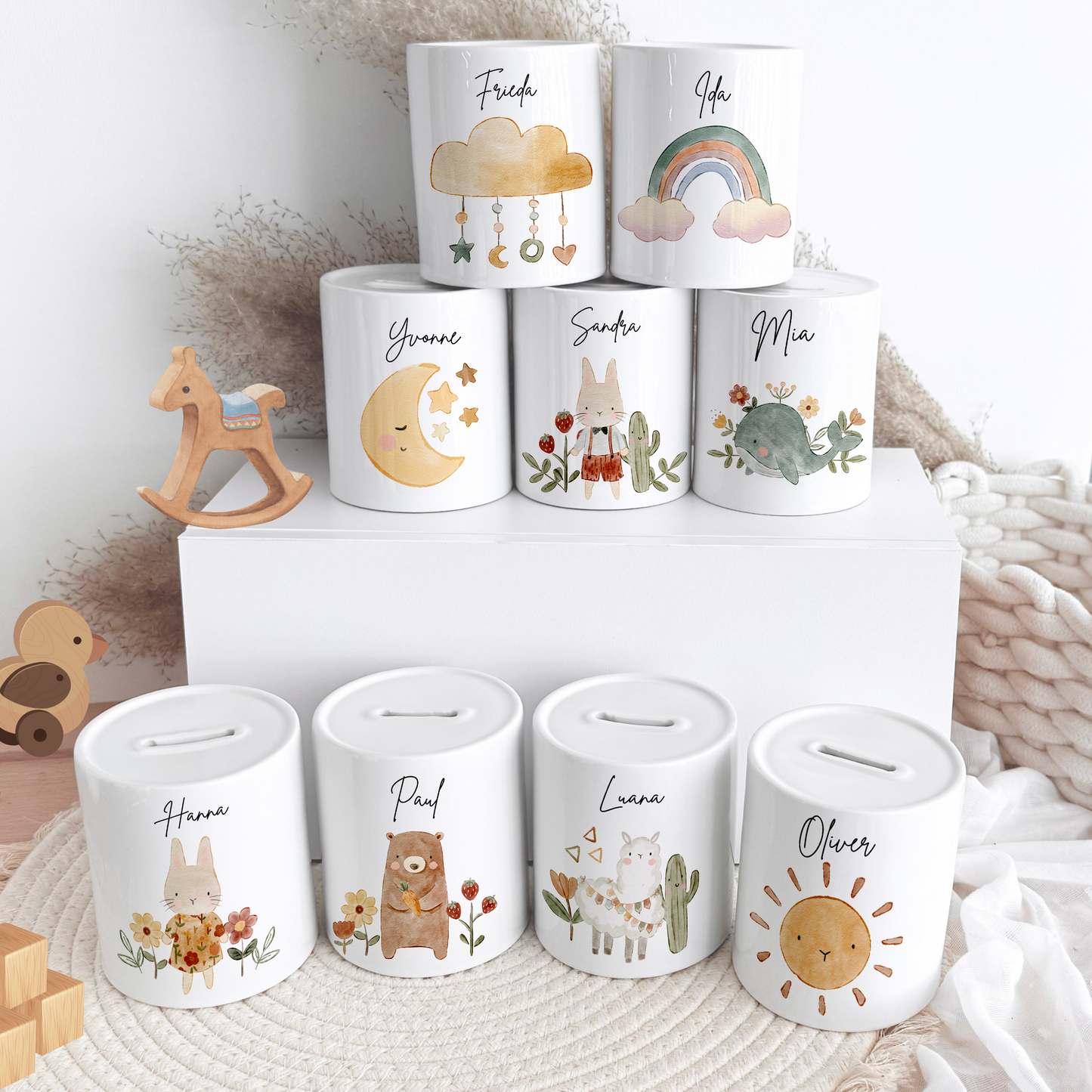 Personalisierte Spardose Kind Geschenk Geburt Taufe Geburtstag Waldtiere Geldgeschenk Baby Kinder Keramik Sparbüchse