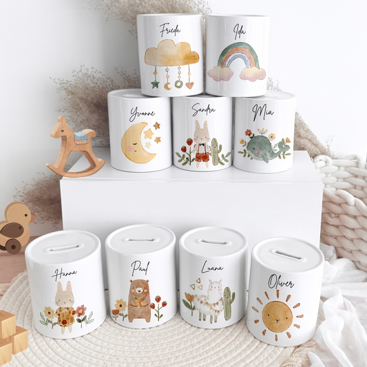 Personalisierte Spardose Kind Geschenk Geburt Taufe Geburtstag Waldtiere Geldgeschenk Baby Kinder Keramik Sparbüchse