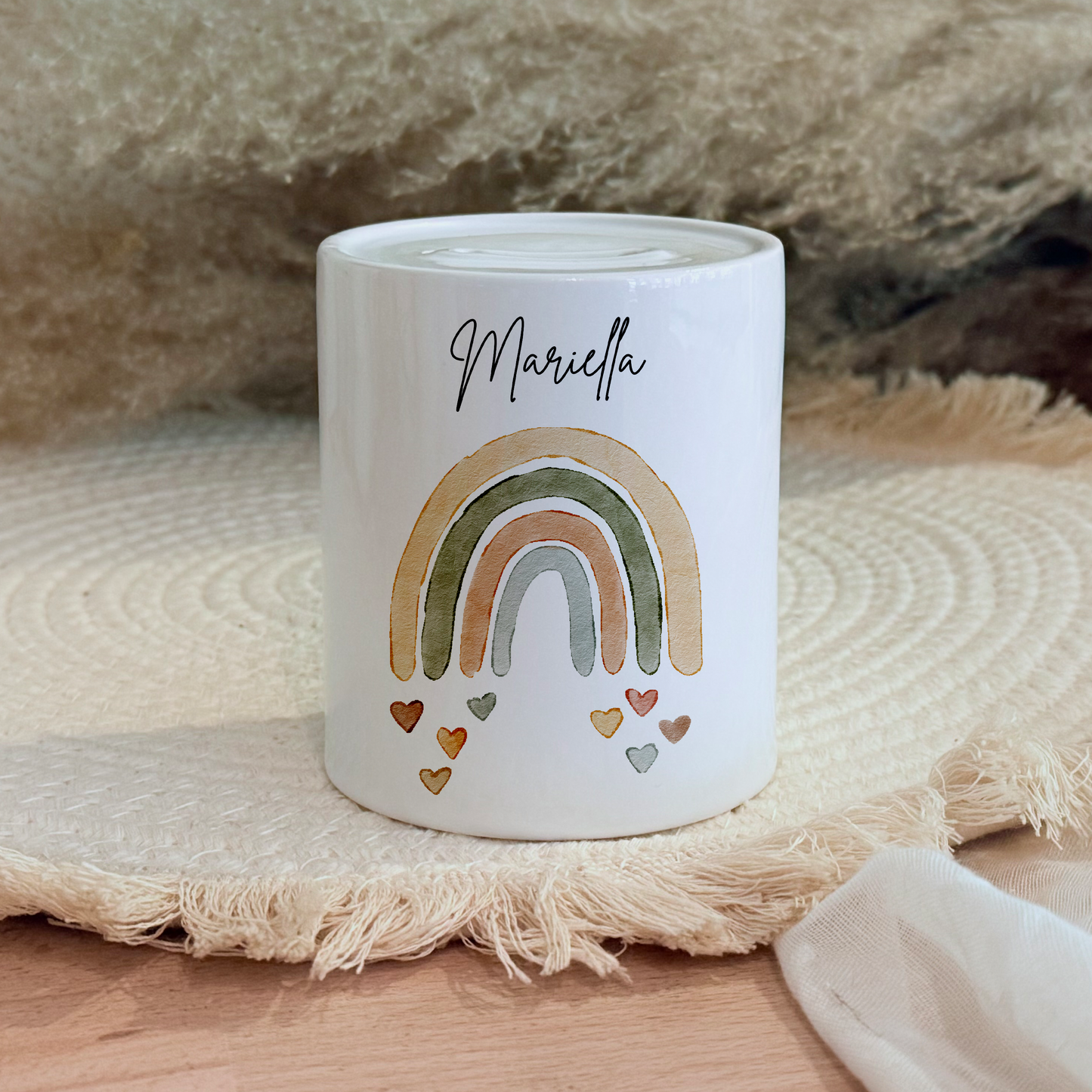 Personalisierte Spardose Kind Geschenk Geburt Taufe Geburtstag Wal Auto Waldtiere Regenbogen Geldgeschenk Baby Kinder Keramik Sparbüchse